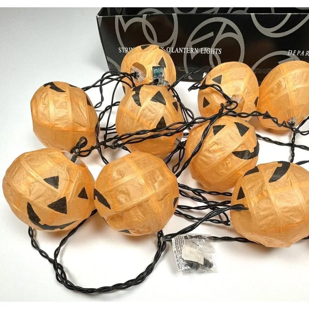DEPARTMENT 56 String of 10 Jack O'Lantern Pumpkin Paper Globe Lights WORK *READ*